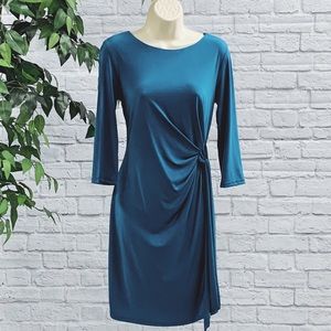 Chetta B Elegant Teal Blue Sheath Dress with Side Knot 3/4 Sleeve
